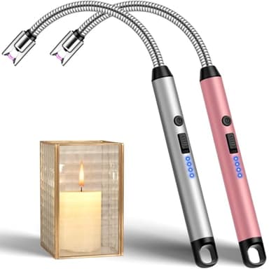 Upgraded 2 Pack Electric Candle Lighter with 360° Flexible Neck & Safety Lock, Windproof USB Rechargeable Flameless Arc Long Lighters for Grill, BBQ, Camping, Fireplace, Stove (Rose Gold & Silver)