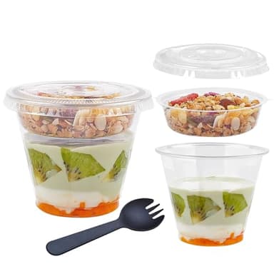 Zezzxu 50 Pack 9 oz Disposable Parfait Cups with Lids No Hole, Toppings Compartment and Spork, Yogurt Conatiner with Granola Holder for Take Away Breakfast and Snacks, No Leaking