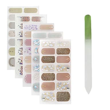 SIUSIO 70 Pcs 5 Sheets Full Nail Wraps Pure Color Nail Polish Strips Stickers Glitter DIY Nail Art Sticker with 1PCS Crystal Glass Nail Files Christmas Nail Wraps for Women and Girls