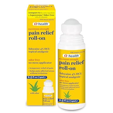 A+Health Pain Relief Roll-On Liquid, Lidocaine 4%, Odor Free, Maximum Strength Pain + Itch Relief with Aloe, Made in USA, 2.5 fl Ounces