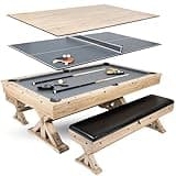7' 3 in 1 Multi Game Pool Table with Dining Top Pool Ping Pong Table Combo with Dual Storage Bench Seating. Includes Billiards, Ping Pong Accessories. Dust Cover Included.