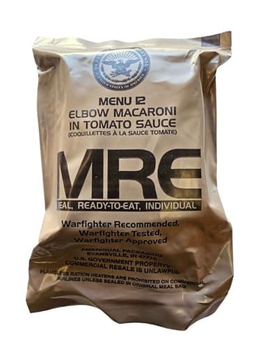 Genuine USGI Individual MRE [Meal, Ready to Eat] Inspection Date 01/2024 or Newer - You Choose Menu - Complete Ration with Entree, Snacks, Dessert, Drink Mix, Utensils, Condiments and FRH. (#12 Elbow Macaroni)
