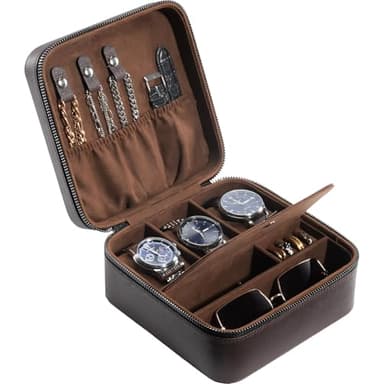 ProCase Travel Watch Case, 3 Slots PU Leather Mens Jewelry Box, Portable Watches Cufflinks Accessories Storage Case, Zippered Carrying Organizer Bag for Man, Valentine's Day Gift -Brown