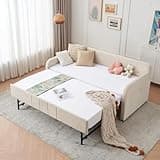 Twin to King Daybed with Trundle, USB Ports, Velvet Upholstered Daybed with Pop Up Trundle Bed, Modern Extendable Day Bed Frame for Kid Adult Bedroom Living Room Guest Room Small Places Beige