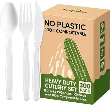 EZYLINKER Compostable Utensils Set (300Pack), Heavy Duty & Eco-Friendly No-Plastic Spoons, Forks, Knives Cutlery Set - 100% Disposable Cornstarch Flatware for Lounge Party Wedding BBQ Picnic Camping