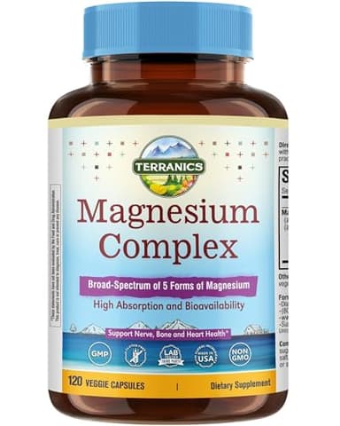 Terranics 5-in-1 Magnesium Complex Supplement 500mg - 5 Forms High Absorption Magnesium Glycinate Citrate Malate Aspartate Gluconate for Sleep Heart Health - Non-GMO 120 Vegan Capsules
