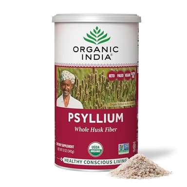 ORGANIC INDIA Psyllium Herbal Powder - Whole Husk Fiber, Healthy Elimination, Keto Friendly, Vegan, Gluten-Free, USDA Certified Organic, Non-GMO, Soluble & Insoluble Fiber Source - 12 oz Canister