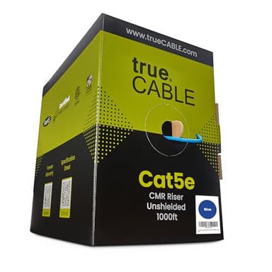 trueCABLE Cat5e Riser (CMR), 1000ft, Blue, 24AWG 4 Pair Solid Bare Copper, 350MHz, PoE++ (4PPoE), ETL Listed, Unshielded Twisted Pair (UTP), Bulk Ethernet Cable