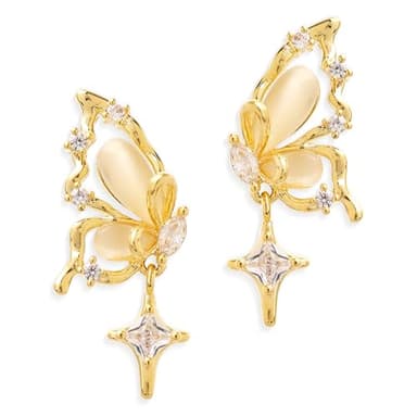 Jeanbeau Gold Butterfly Dangle Drop Earrings for Women, Trendy Statement Beige Rhinestone Dangling Hypoallergenic Earing Summer Prom Jewelry Gift