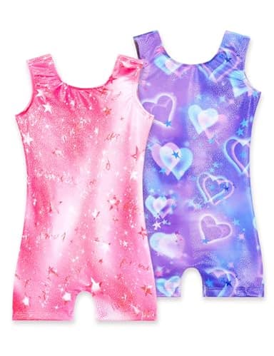 Nokecina Girls Gymnastics Leotards with Shorts Size 6-7 Years Old 2 Pack Sparkly Purple Pink Gym Unitards for Tumbling Class