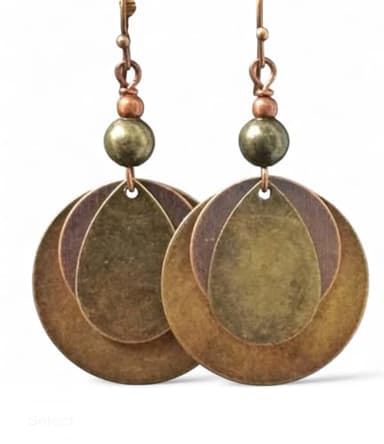 Vintage Layered Copper Disc Earrings, Brass Beads, Antique Bronze Finish, Boho Style Dangle Drop