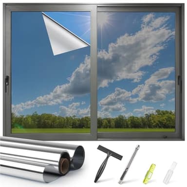 Kromapolis One Way Window Privacy Film Reflective Mirror Home Window Tint, Daytime Privacy Heat Control Anti UV Glass Tinting Static Cling (Silver, 17.5 x 78.7 inch)