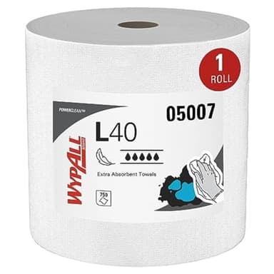 WypAll PowerClean L40 Cloths Extra Absorbent Wipes, Jumbo (05007), Bulk Paper Wipers, White (1 Roll of 750 Sheets)