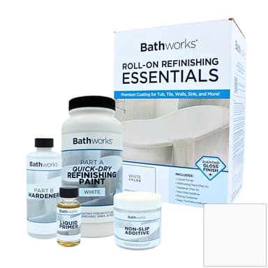Bathworks Quick-Dry Essentials Roll-On Refinishing Kit - 22 fl oz, High Gloss White, Durable Acrylic Resin Coating with Non-Slip Additive - Fast 12-Hour Drying DIY System for Bathtubs, Tile, Sinks, & Showers (Paint Materials Only)
