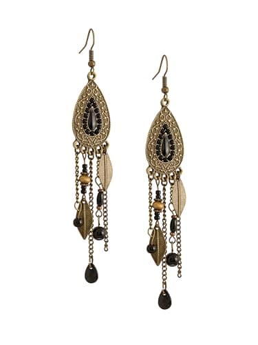 MINACHI Bohemian Bronze Water Drop Earrings, Stone Metal Leaf Pendant Long Tassel, Boho Chic Jewelry For Women