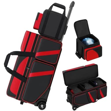 4-Ball Bowling Bag with Wheels, Multi-Pockets, Secure Buckle & Shoe Compartment, 3-Ball Add-On Tote (Red)