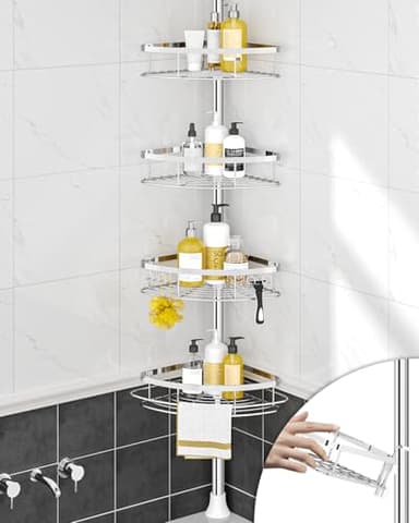 SEIRIONE Rustproof Shower Corner Caddy Organizer for Bathroom, 4 Adjustable Shelves with Tension Pole, for Bathtub Shampoo Accessories Storage Holder, 34 to 116 Inch Height