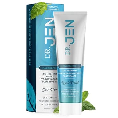 Dr. Jen Fluoride Free Toothpaste with 10% Nano Hydroxyapatite, Xylitol & Glycerin for Daily Oral Care, Remineralizing Toothpaste Designed for Sensitive Teeth, Travel Essentials, Cool Mint, 1 Pack