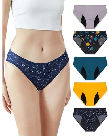 Neione Period Underwear for Women, Leakproof Menstrual Panties High Cut Cheeky Bikini Briefs Postpartum Undies Soft Stretch Comfortable 5 Pack Galaxy Medium