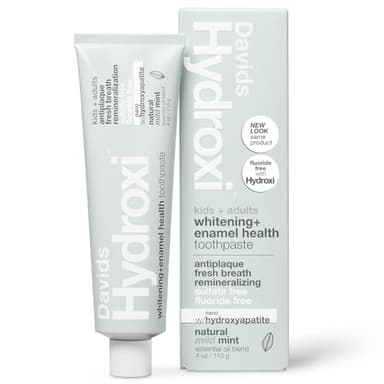 Davids Hydroxi Mild Mint Fluoride Free Nano Hydroxyapatite Toothpaste for Enamel Health & Whitening, Antiplaque, SLS Free, Kid Friendly Gentle Mint Flavor, 4 oz, Made in USA