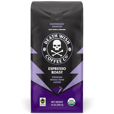 Death Wish Coffee, Whole Bean Espresso Roast - Organic, Fair Trade, Arabica and Robusta Coffee Beans, 14 ounce (Pack of 1)