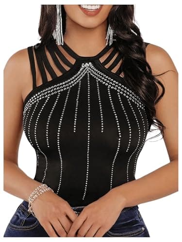 SOLY HUX Women's Tank Tops Sparkle Rhinestone Cut Out Sleeveless Slim Fit Party Top Pure Black Small