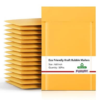 Fuxury Kraft Bubble Mailer 4x8” 50Pack Padded Envelopes Usable Size 4x7" Strong Adhesion Thick Bubble Envelopes Waterproof Cushioned Bubble Mailers Packaging for Small Business #000 Yellow