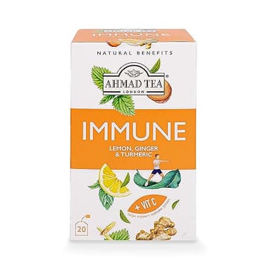 Ahmad Tea Herbal Tea, Lemon, Ginger, Turmeric, & Vitamin C 'Immune' Natural Benefits Teabags, 20 ct (Pack of 1) - Decaffeinated & Sugar-Free