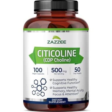 Zazzee Extra Strength Citicoline, 500 mg per Serving, 100 Vegan Capsules, Superior CDP Choline Form, 100% Vegetarian and Pharmaceutical Grade, 50-Day Supply, All-Natural and Non-GMO