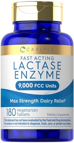 Carlyle Lactase Enzyme Tablets 9000 FCC | 180 Pills | Max Strength Dairy Relief | Fast Acting Formula | Vegetarian, Non-GMO, Gluten Free