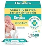 Pampers Baby Wipes Sensitive, Water Based Wipes, Hypoallergenic and Unscented Wipes, 588 Wipes Total (7 Refill Packs)