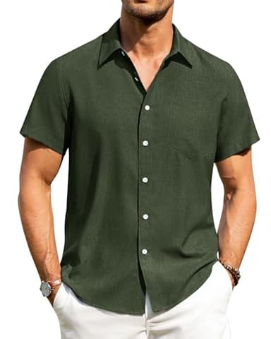 Alimens & Gentle Mens Linen Shirts Short Sleeve Button Down Shirts Wrinkle Free Casual Vacation Beach Summer Tops,Olive Green,L