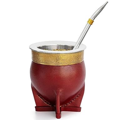 Cuopru Premium Argentina Imperial Yerba Mate Cup with Bombilla Mate (Straw) Set, Baroque Style, Leather Gourd, 304 Stainless Steel Inner (Brown)