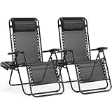 Sweetcrispy Zero Gravity Chairs, Set of 2 Portable Recliner Beach Camping Patio Outdoor Folding Lounge Chair with Cup Holder Trays and Adjustable Pillow for Poolside, Garden, Backyard, Lawn (Black)