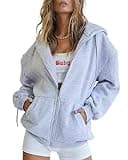 Trendy Queen Womens Zip Up Hoodies Oversized Sweatshirts Fall Fashion Outfits Casual Jackets 2025 Winter Clothes Grey M