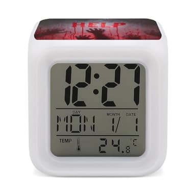 Horror Help Halloween Digital Alarm Clock 7 Colors Glowing Night Light with Date Calendar Temperature