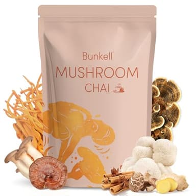 Bunkell Mushroom Chai, Adaptogenic 6 Mushrooms with Lion's Mane, Reishi, Cordyceps, Shiitake, King Trumpet & Turkey Tail, Chai Powder for Energy, Focus, Digestion & Immune Support, 20 Servings 1 Pack