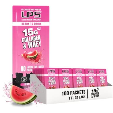 Nutritional Designs LPS Liquid Collagen & Whey Protein Supplement - Non-GMO Drink, Sugar-Free - Promotes Healthy Skin & Hair for Men & Women, Watermelon, Single Serve (100 Packets)