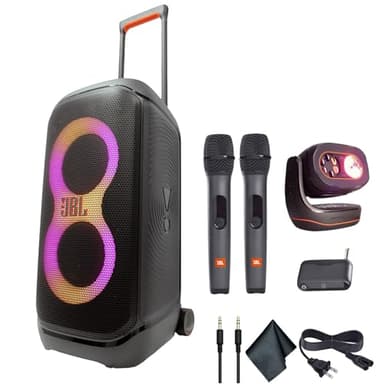 JBL PartyBox Stage 320 240W Portable Wireless Speaker, 18 Hour Battery (Black) + Partylight Beam + Wireless Two Microphone System + AUX Cable | Party Karaoke Kit
