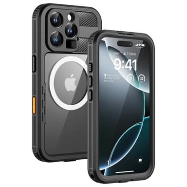 Lanhiem Magnetic for iPhone 16 Pro Max Case, IP68 Waterproof Dustproof Case, [Compatible with Magsafe] [Built-in Screen Protector] Full Body Heavy Duty Rugged Phone Cover 6.9 inch, Black/Clear