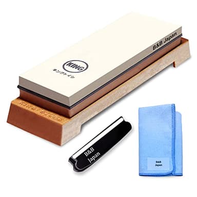 KING Whetstone Starter Set Include 1000/6000 Grit Combination Whetstone made in Japan, Knife Angle Holder, B&B Japan Original Wiping Cloth and Stable Plastic Base