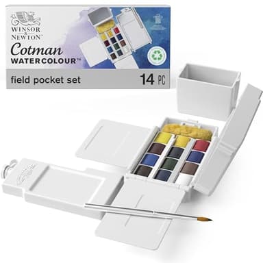 Winsor & Newton Cotman Watercolor Paint Set, Field Pocket Set, 12 Half Pan w/ Brush, Sponge, Bottle