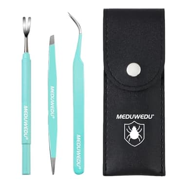 MEDUWEDU Tick Removal Tool Kit for Dogs, Cats & Humans – Stainless Steel Tick Tweezer, Fork & Dual-Head Clamp with Leather Pouch, Safe & Easy Tick Remover for Pets, Ideal for Grooming & Outdoor Travel