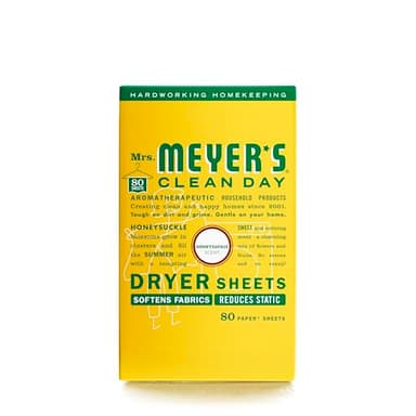 MRS. MEYER'S CLEAN DAY Dryer Sheets, Fabric Softener, Reduces Static, Infused with Essential Oils, Honeysuckle, 80 Count