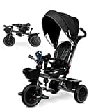 KRIDDO 7-in-1 Tricycle Stroller for Toddlers 18 Months to 5 Years, Adjustable Push Handle, Rotatable Seat, Cup Holder and Retractable Canopy, Folding Baby Trike w/Detachable Guardrail, Footrest, GY