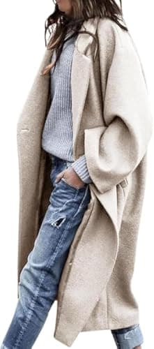 LNKQA Women's Winter Pea Coat Notch Lapel Single Breasted Oversized Long Casual Wool Blend Overcoat (Beige,Medium)