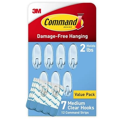 Command Medium Clear Wall Hook, 7 Wall Hook and 12 Strips, Damage-Free Hanging with Adhesive, Great for Hanging Home Decor, Holds up to 2 lb