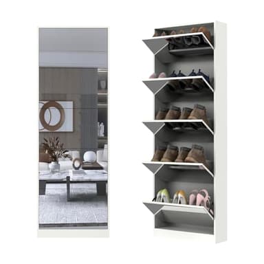 Organizedlife Tall Shoe Cabinet with Full Length Mirror, 5 Tiers Narrow Shoe Storage Cabinet with Flip Drawer, Hidden Shoe Rack Organizer for Entryway