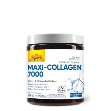 Country Life Maxi-Collagen 7000 Powder - Verisol Bioactive Collagen Peptides, Vitamin C, A & Biotin, 4,500 mg Types I & III Grass-Fed Collagen - Supports Skin, Hair, Nails & Joint Health, 7.5 oz