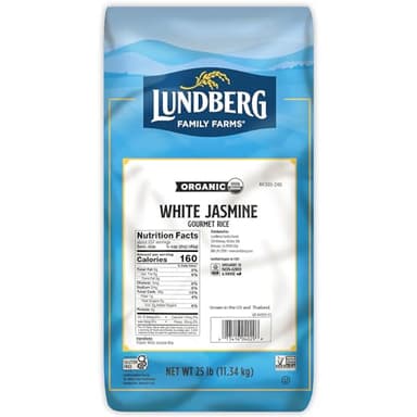 Lundberg Organic Jasmine White Rice – Long-Grain, Fluffy & Aromatic, Responsibly Grown in California, 25 Lbs